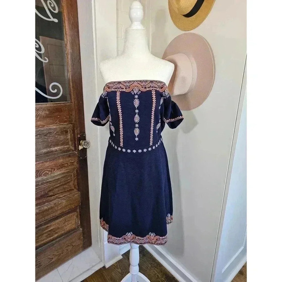 Tory Burch Women's Size S Nell Embroidered Off The Shoulder Navy Dress - Picture 2 of 7
